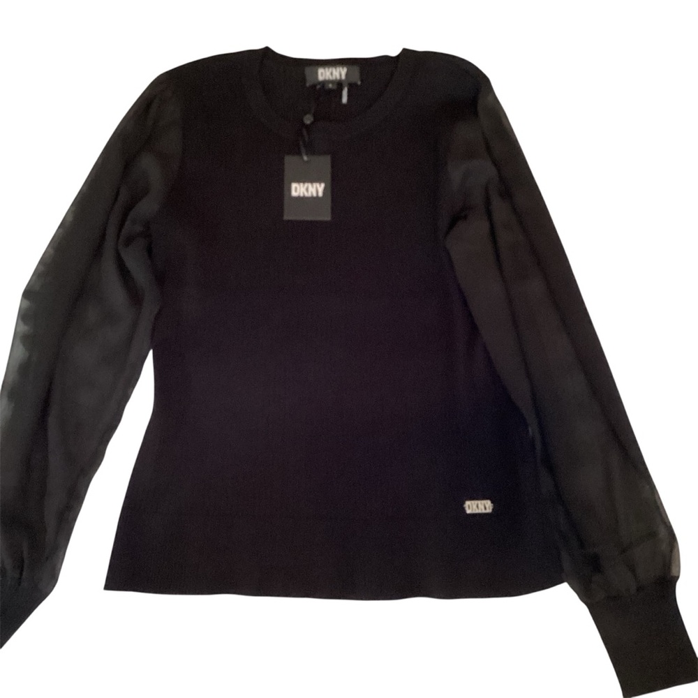 Donna Karan Sweater Pullover New Silver Size Large Sheer Sleeves